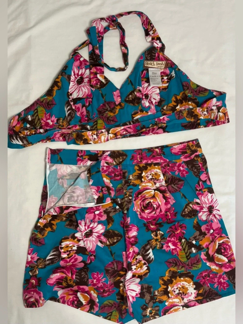 Beach Bash Floral Halter Two Piece Set Boho Tropical Crop Top & Shorts Vacation